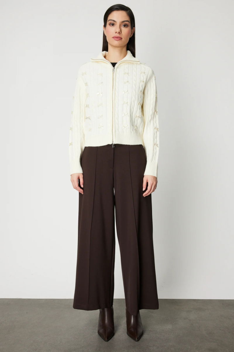 On Kadın Kurdele Detaylı Dik Yaka Hırka 60925 Ekru - 3