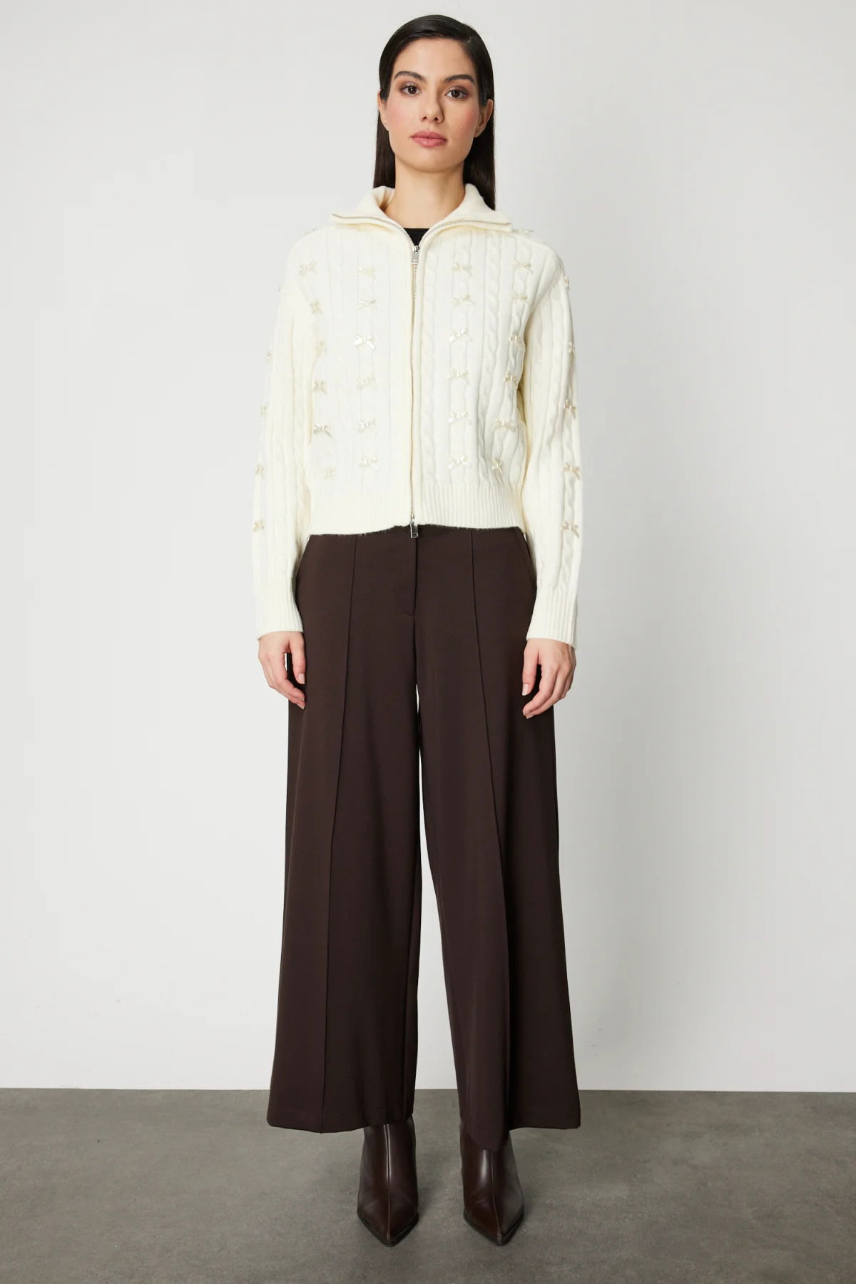 On Kadın Kurdele Detaylı Dik Yaka Hırka 60925 Ekru - 3