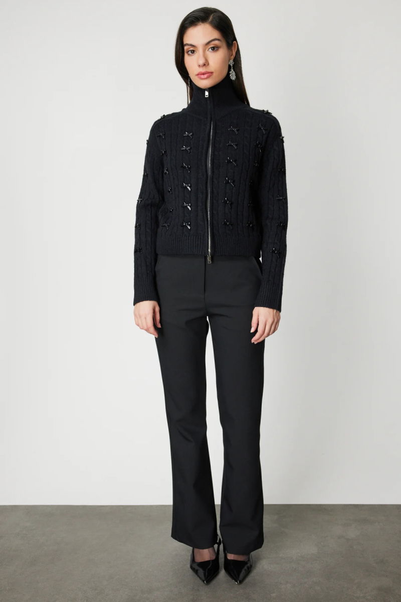 On Kadın Kurdele Detaylı Dik Yaka Hırka 60925 Siyah - 2