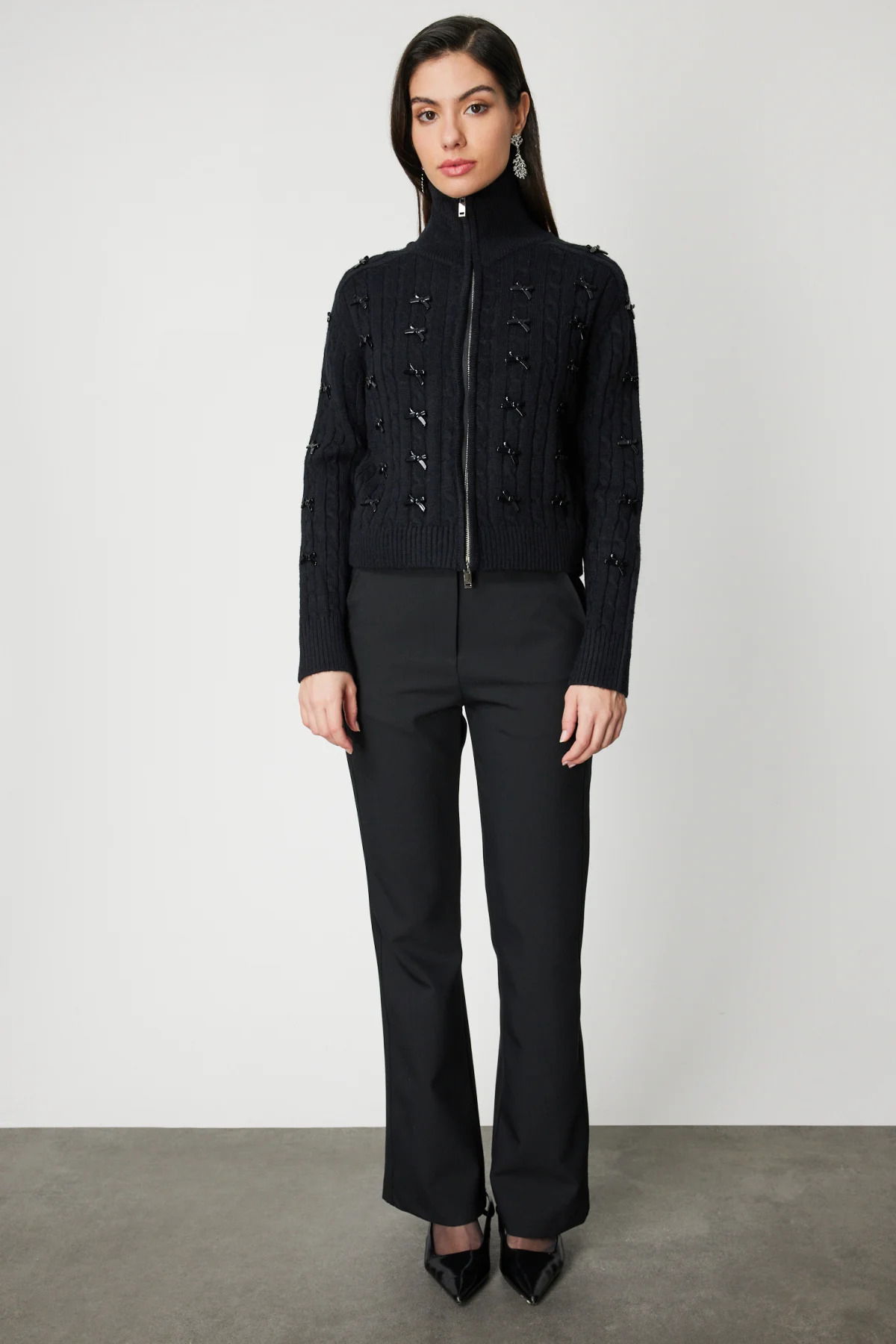 On Kadın Kurdele Detaylı Dik Yaka Hırka 60925 Siyah - 2