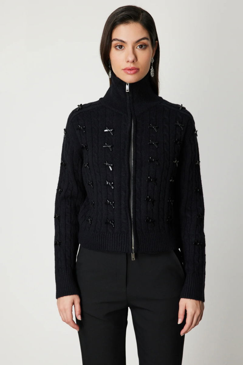 On Kadın Kurdele Detaylı Dik Yaka Hırka 60925 Siyah - 3