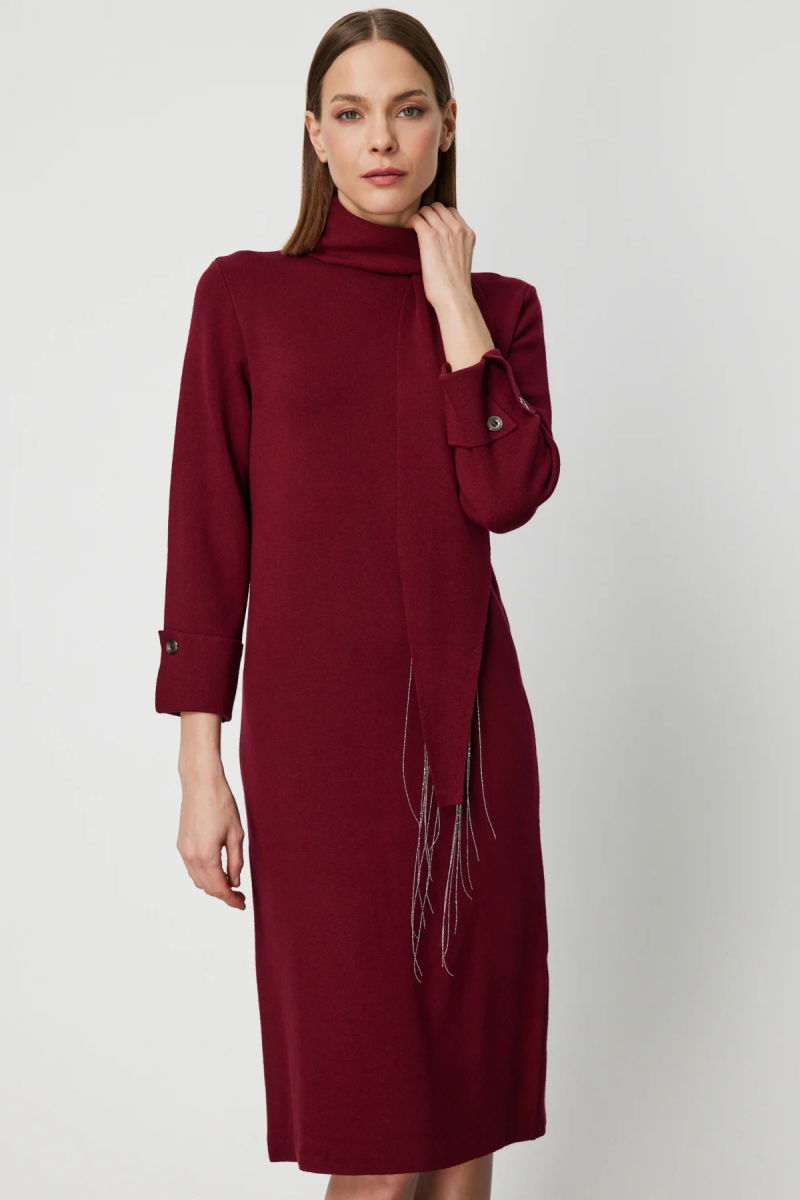 On Kadın Kuşaklı Midi Boy Triko Elbise 63315 Bordo - 2