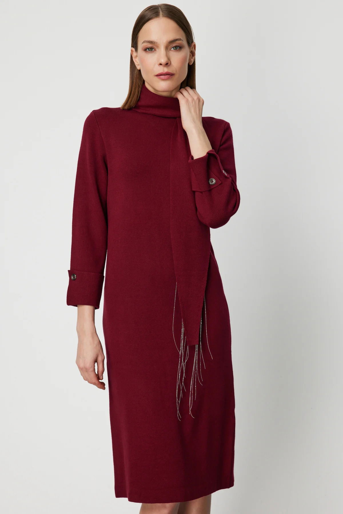 On Kadın Kuşaklı Midi Boy Triko Elbise 63315 Bordo - 2