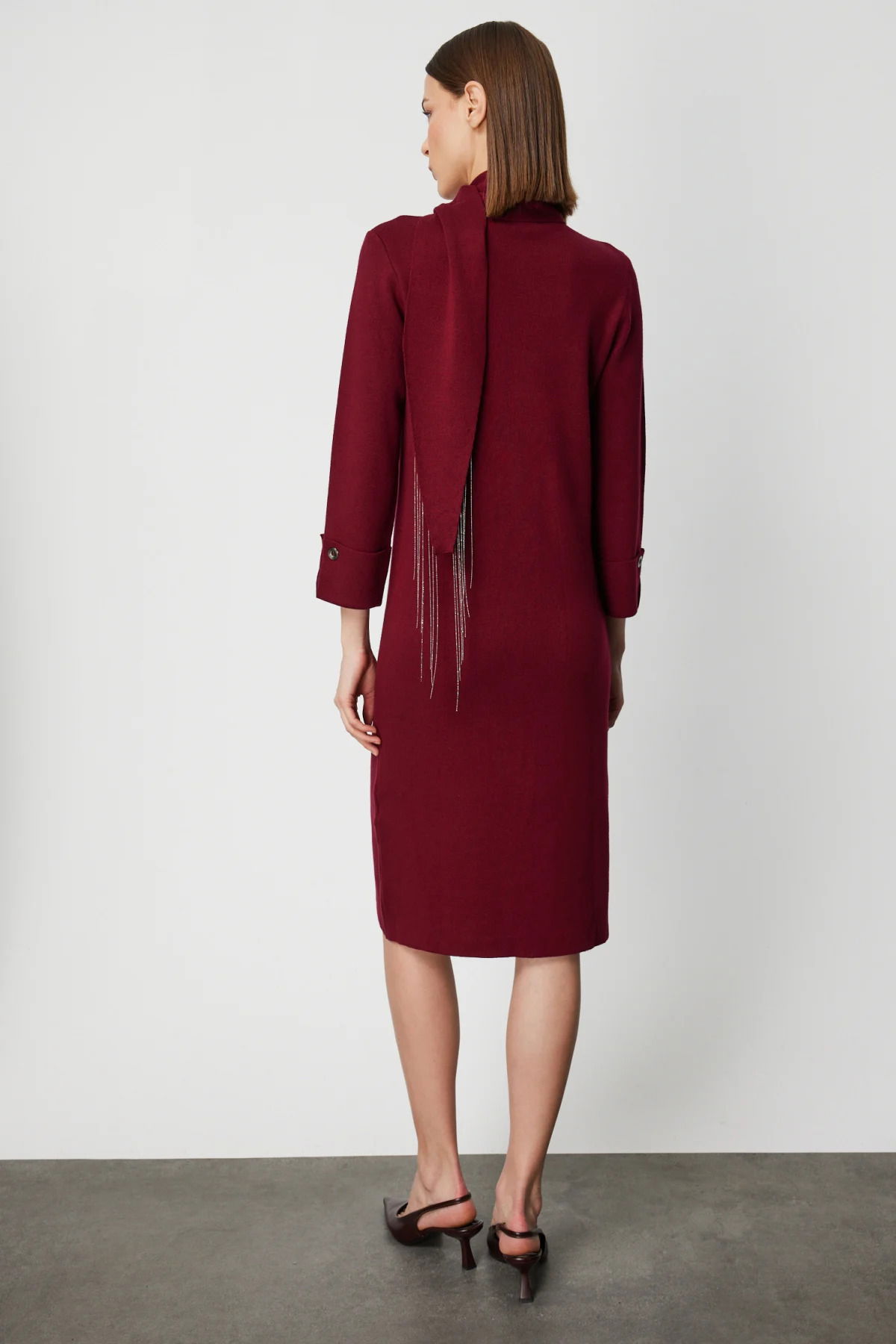 On Kadın Kuşaklı Midi Boy Triko Elbise 63315 Bordo - 4