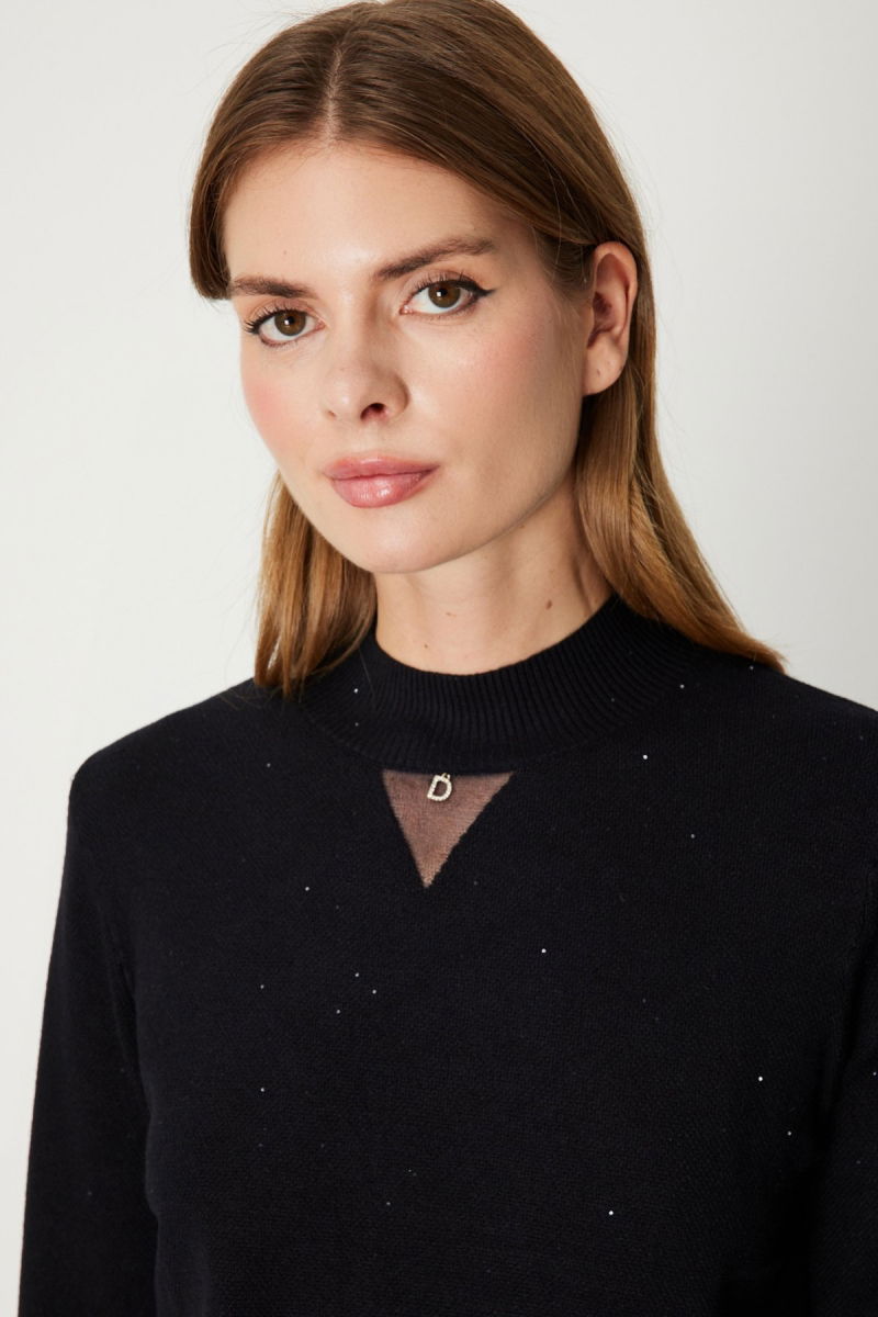 On Kadın Metal Aksesuarlı Pul Detaylı Triko Kazak 60345 Siyah - 2