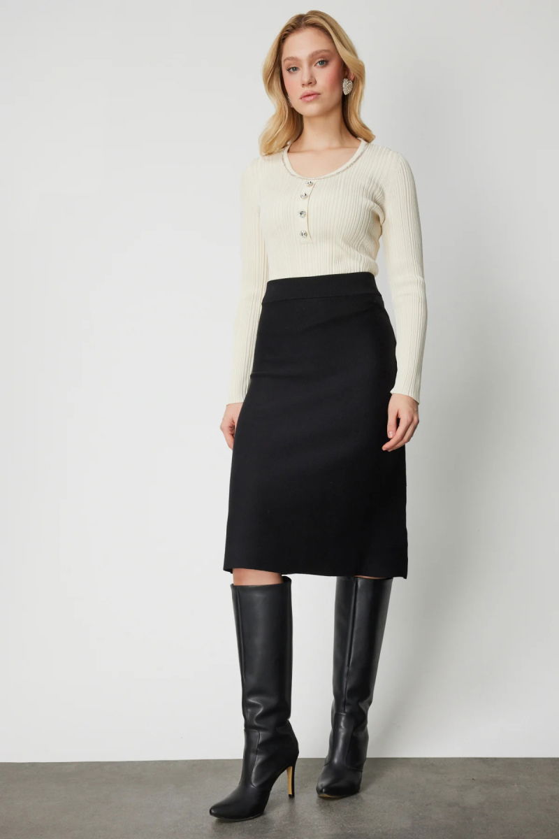 On Kadın Midi Boy Düz Triko Etek 69200 Siyah - On