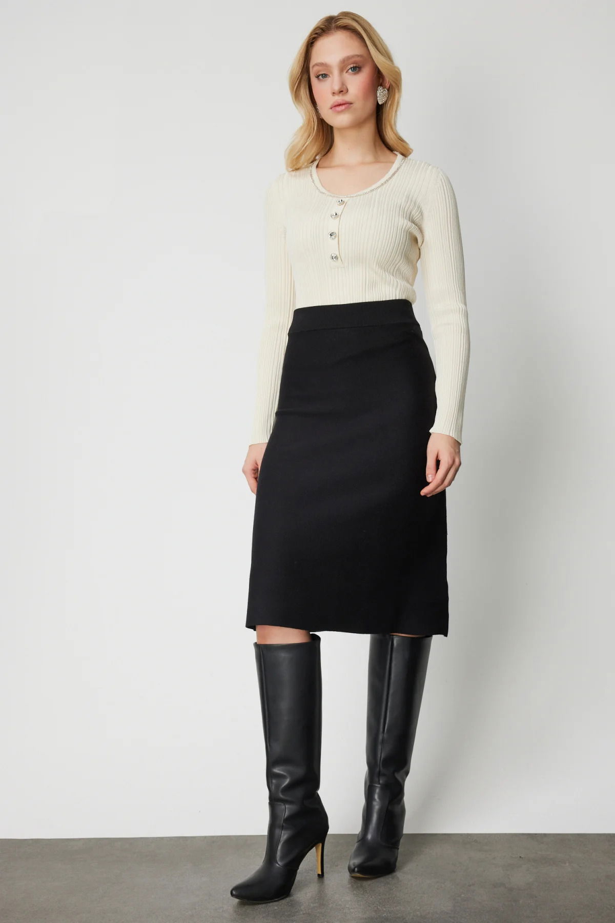 On Kadın Midi Boy Düz Triko Etek 69200 Siyah - 1
