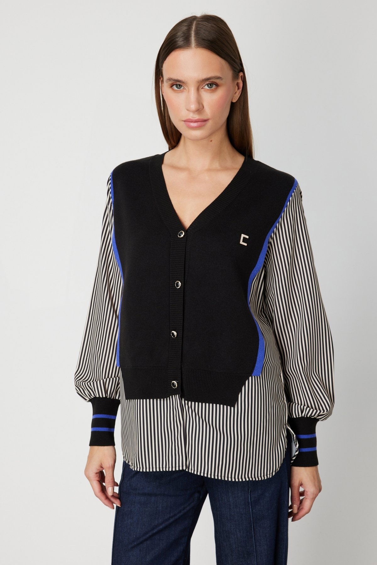 On Kadın Mix Kumaş Gömlekli Bluz 66374 Siyah - 1