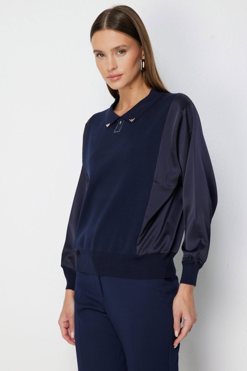 On Kadın Mix Kumaş Yakalı Bluz 70510 Lacivert - On