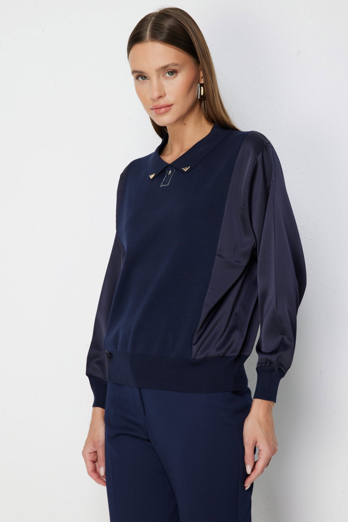 On Kadın Mix Kumaş Yakalı Bluz 70510 Lacivert - 1
