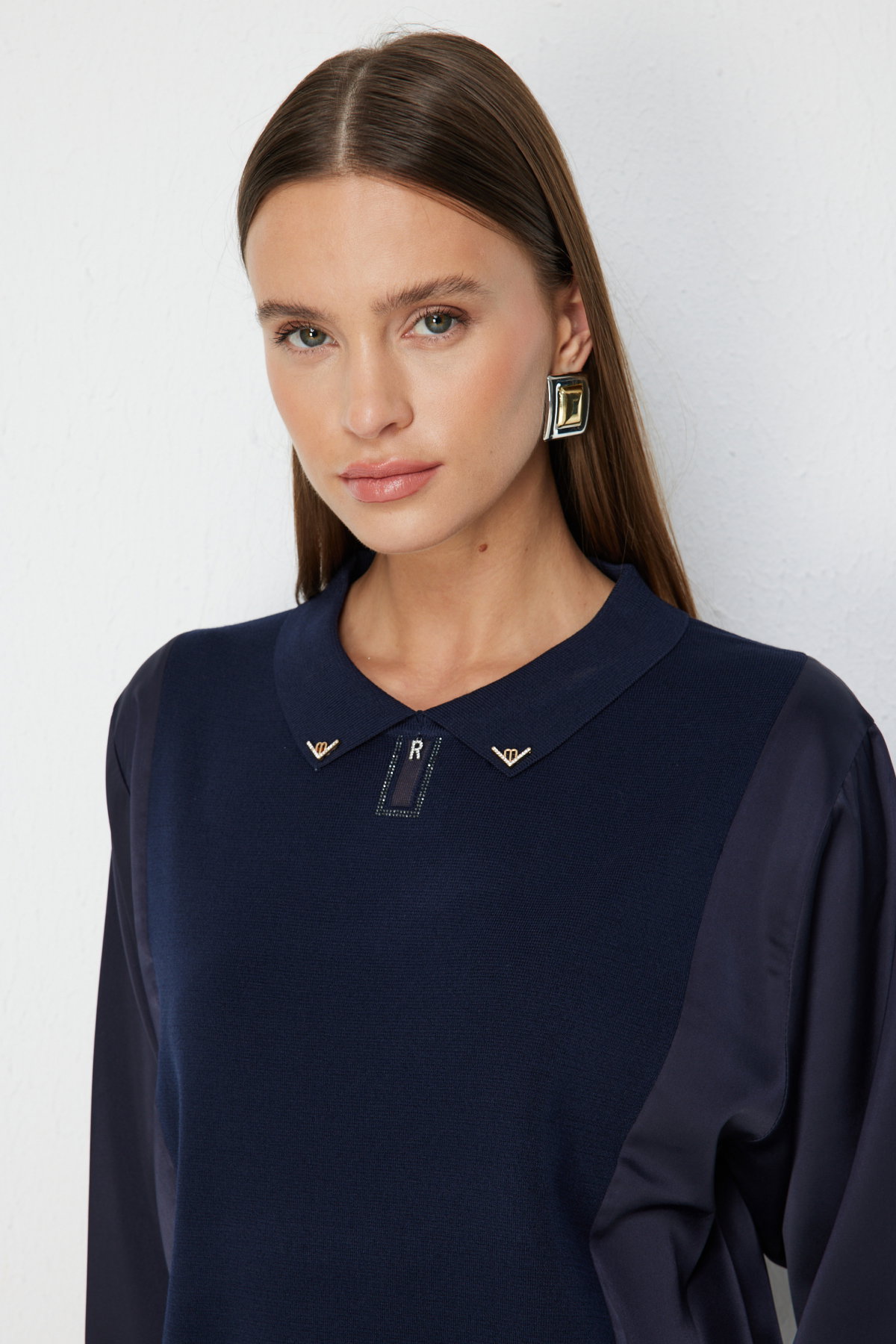 On Kadın Mix Kumaş Yakalı Bluz 70510 Lacivert - 2