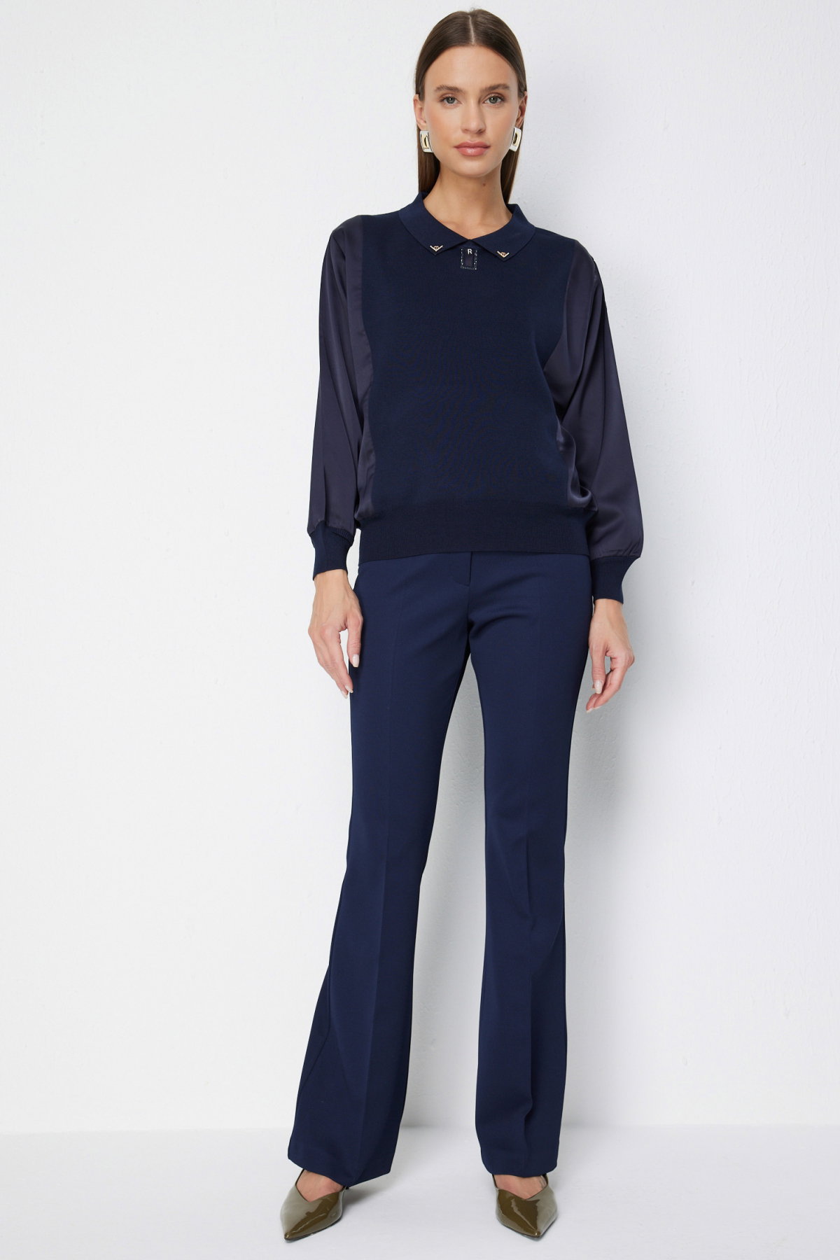 On Kadın Mix Kumaş Yakalı Bluz 70510 Lacivert - 3