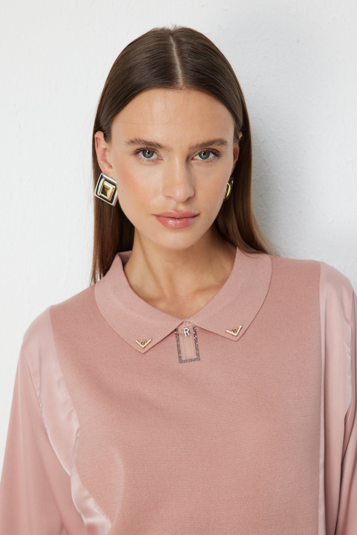 On Kadın Mix Kumaş Yakalı Bluz 70510 Pudra - 2