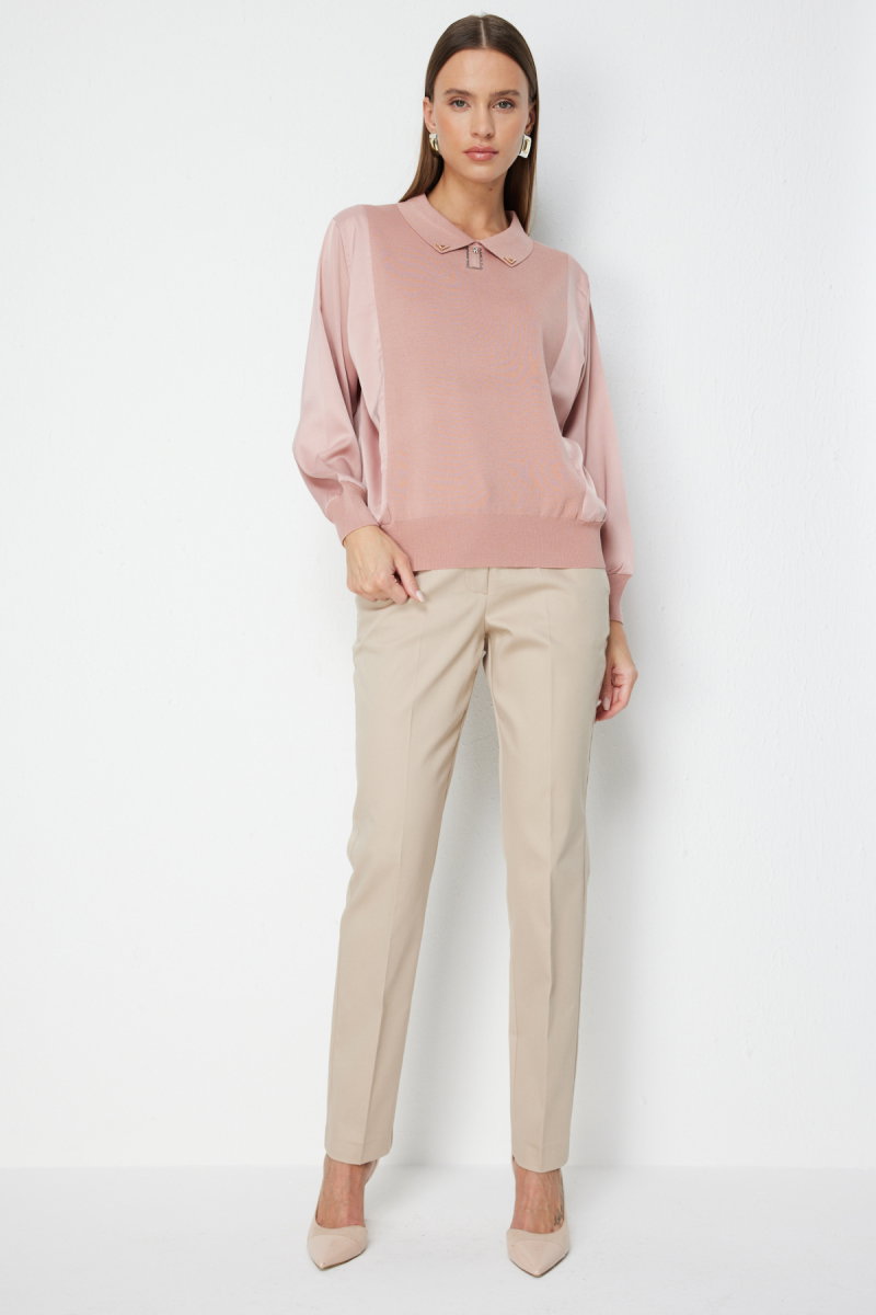 On Kadın Mix Kumaş Yakalı Bluz 70510 Pudra - 3
