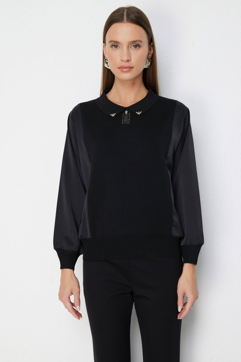 On Kadın Mix Kumaş Yakalı Bluz 70510 Siyah - On