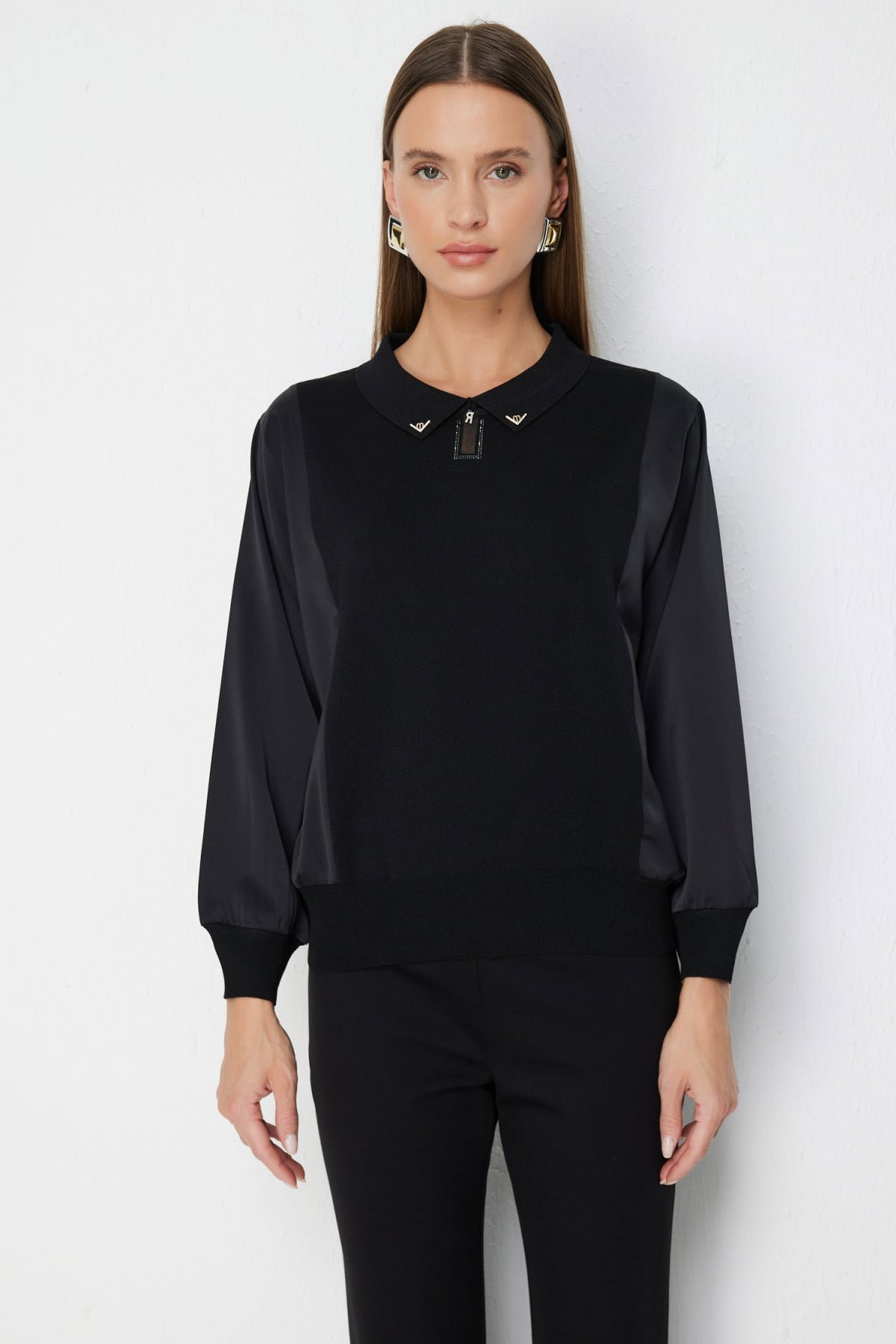 On Kadın Mix Kumaş Yakalı Bluz 70510 Siyah - 1