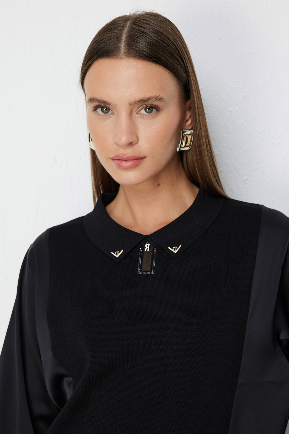 On Kadın Mix Kumaş Yakalı Bluz 70510 Siyah - 2