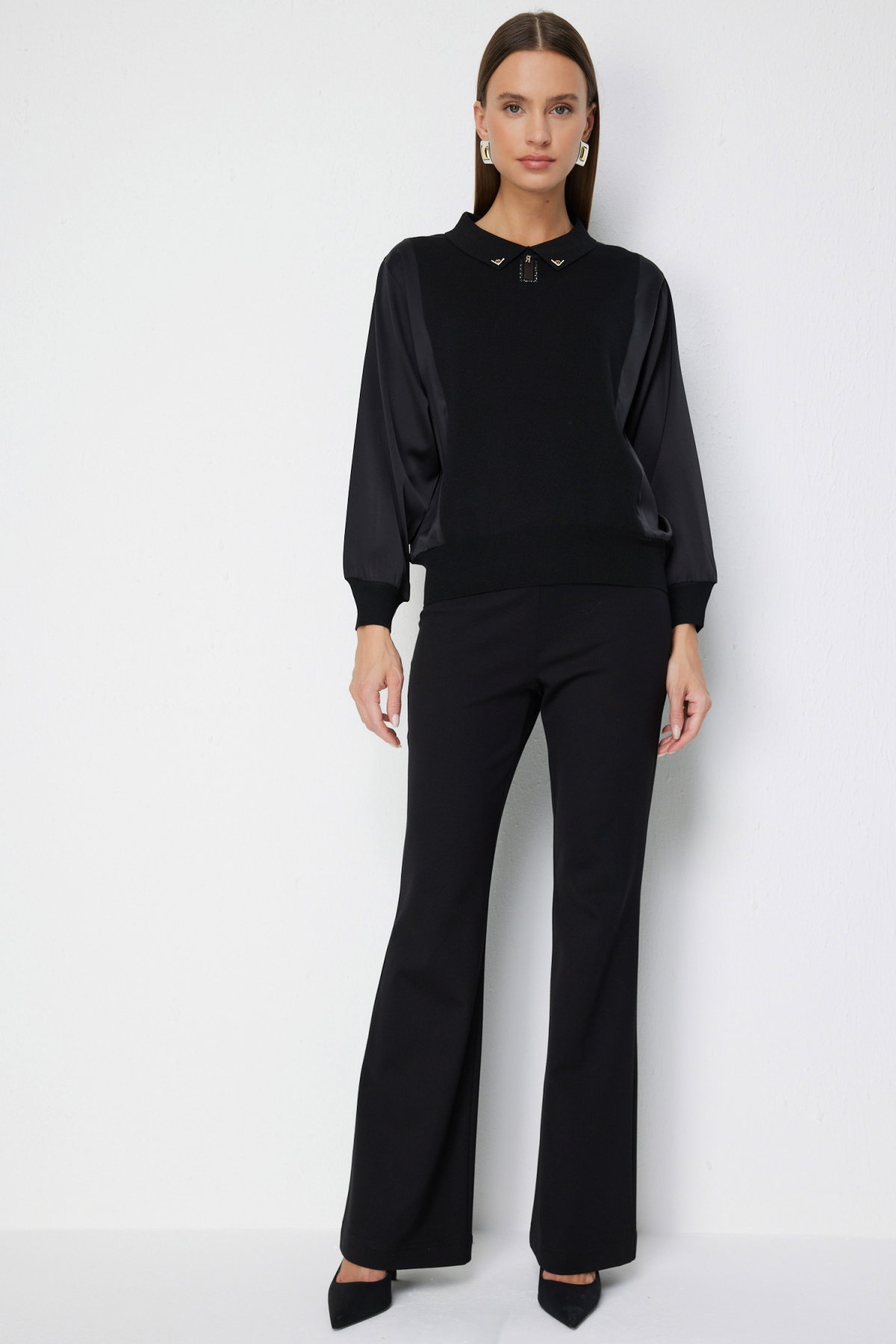 On Kadın Mix Kumaş Yakalı Bluz 70510 Siyah - 3