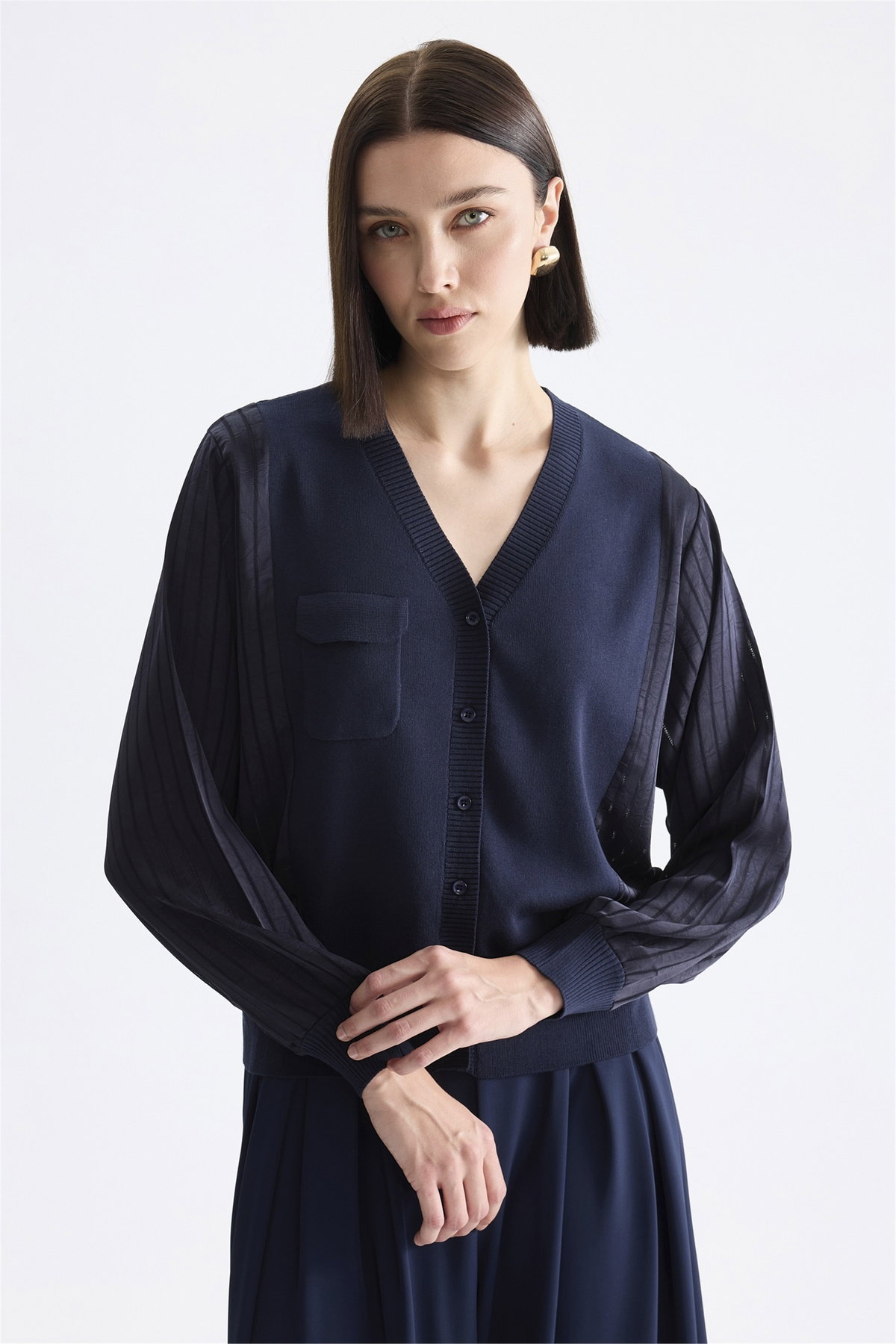 On Kadın Mix Kumaşlı V Yaka Hırka Lacivert - 1