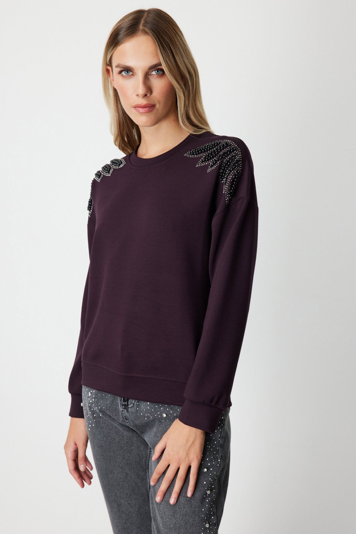 On Kadın Omuzları İncili Sweat 66338 Bordo - 2