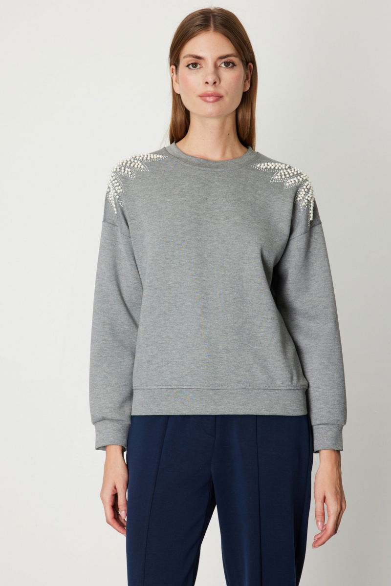 On Kadın Omuzları İncili Sweat 66338 Gri - On