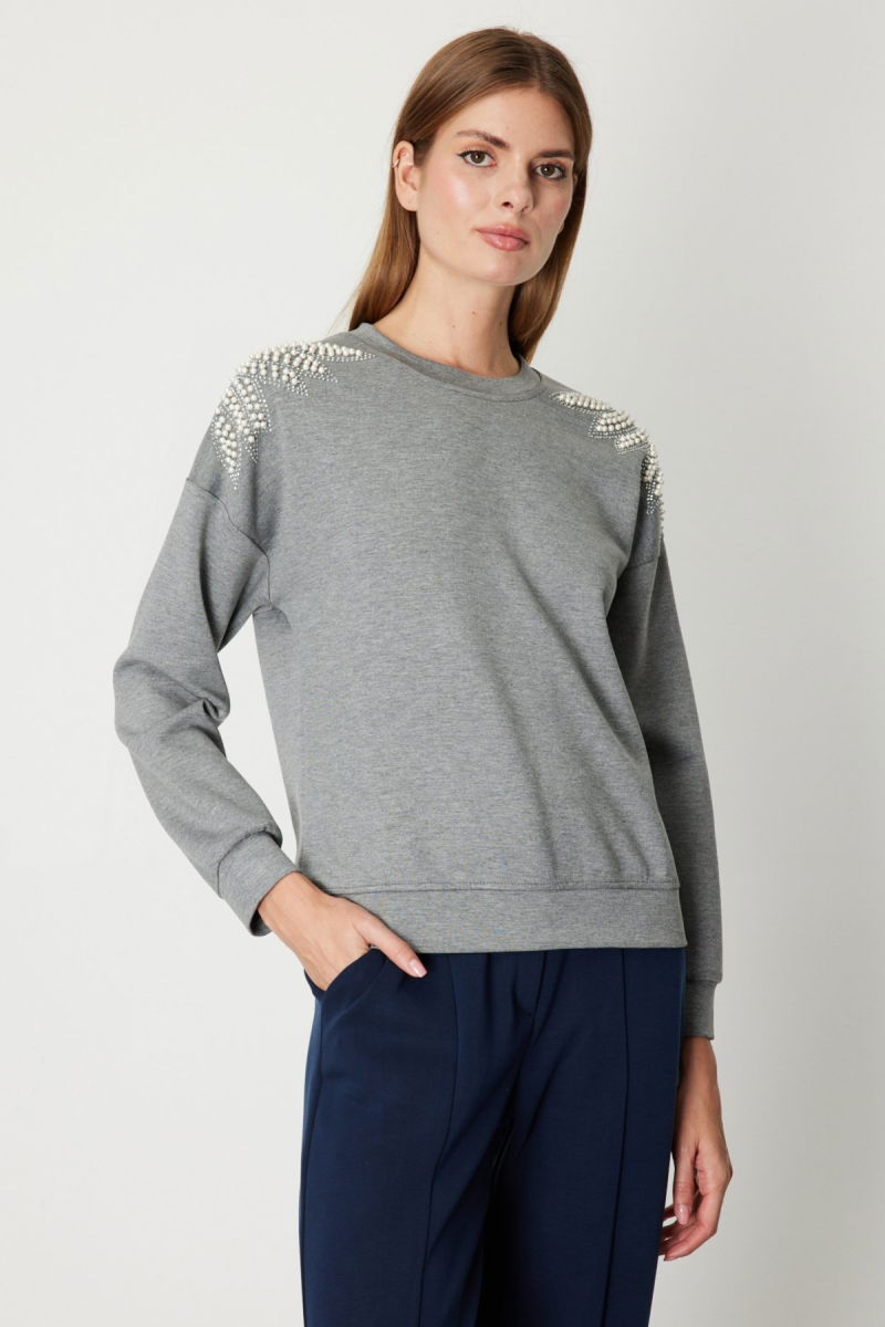 On Kadın Omuzları İncili Sweat 66338 Gri - 2