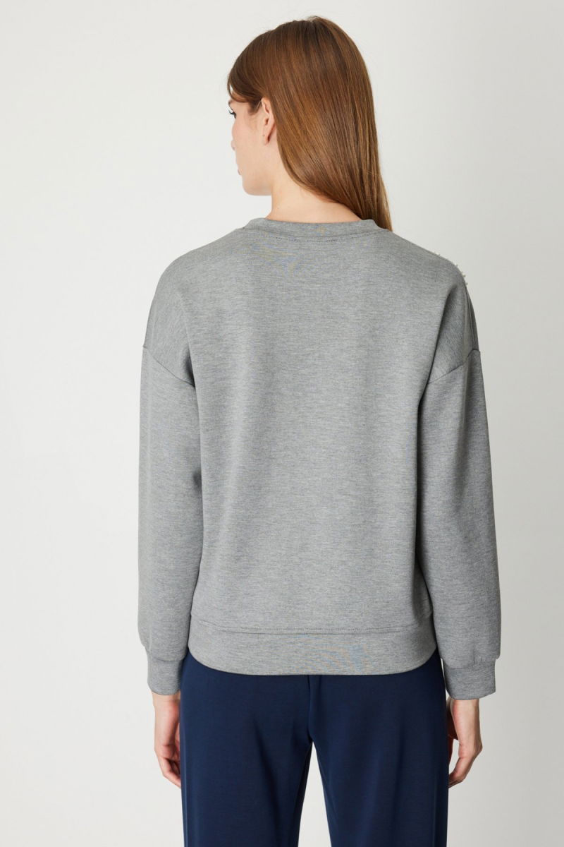 On Kadın Omuzları İncili Sweat 66338 Gri - 4