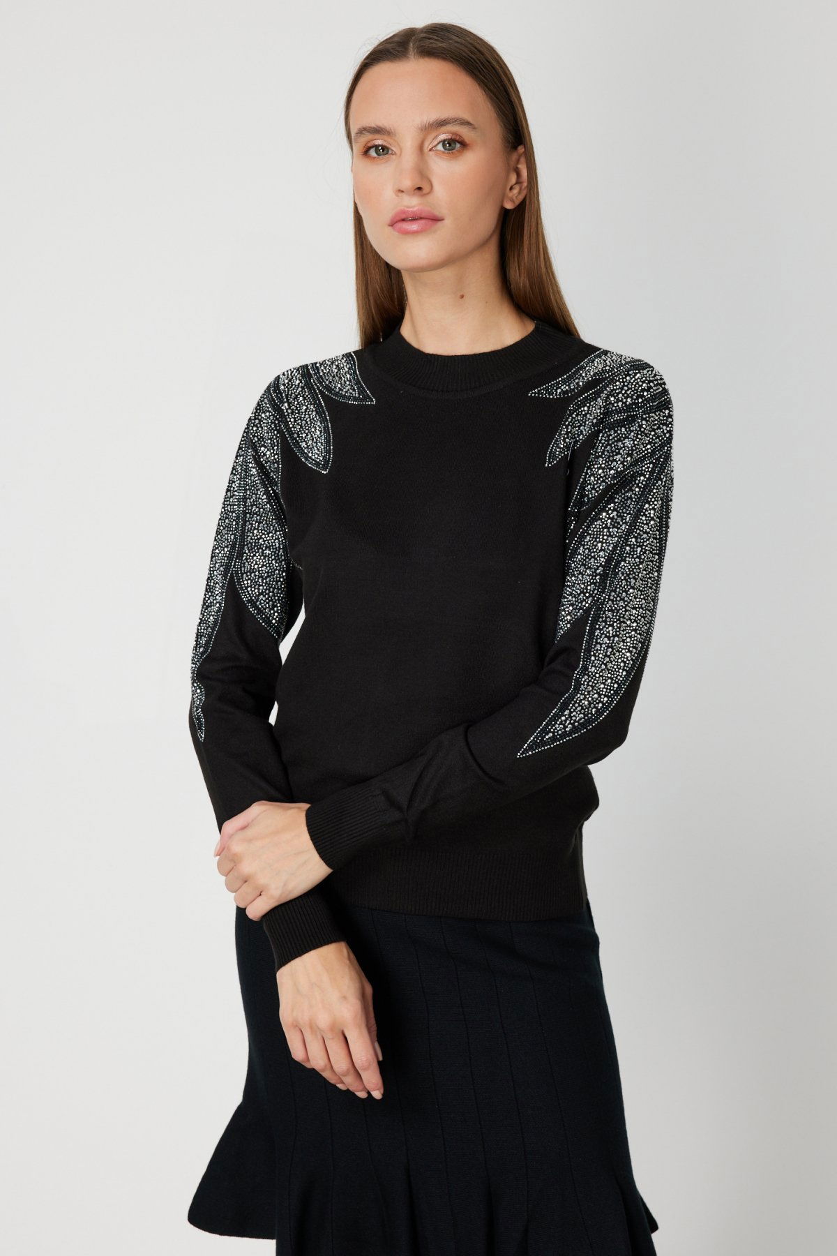 On Kadın Omuzları Taş İşlemeli Triko Kazak 66344 Siyah-Gümüş - 2