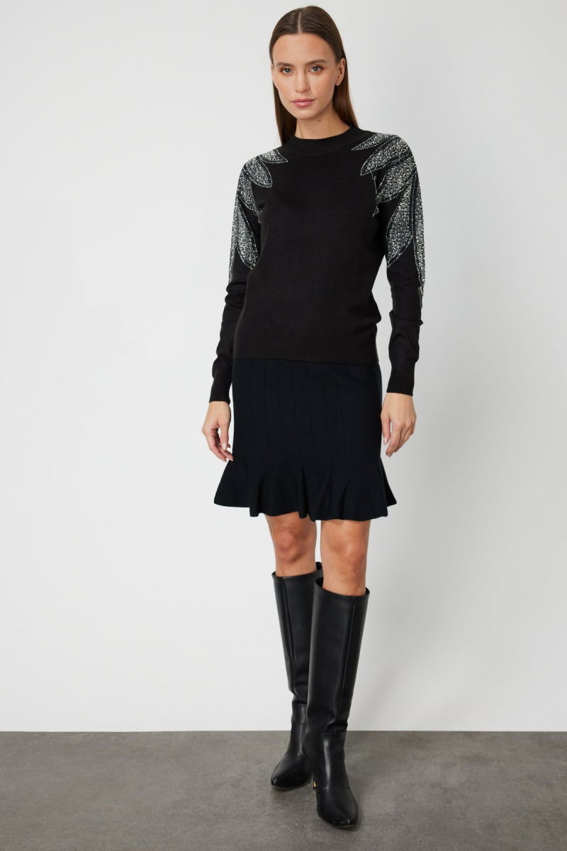 On Kadın Omuzları Taş İşlemeli Triko Kazak 66344 Siyah-Gümüş - 3