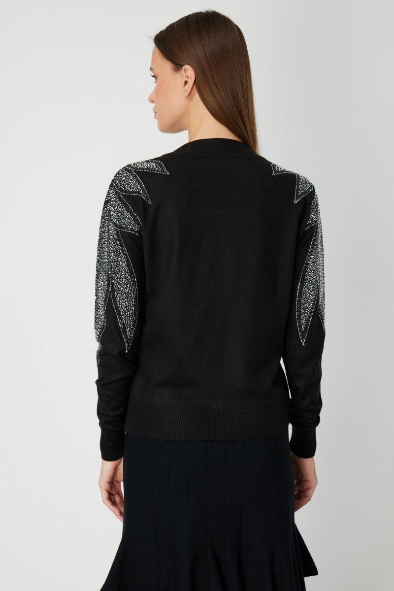 On Kadın Omuzları Taş İşlemeli Triko Kazak 66344 Siyah-Gümüş - 4