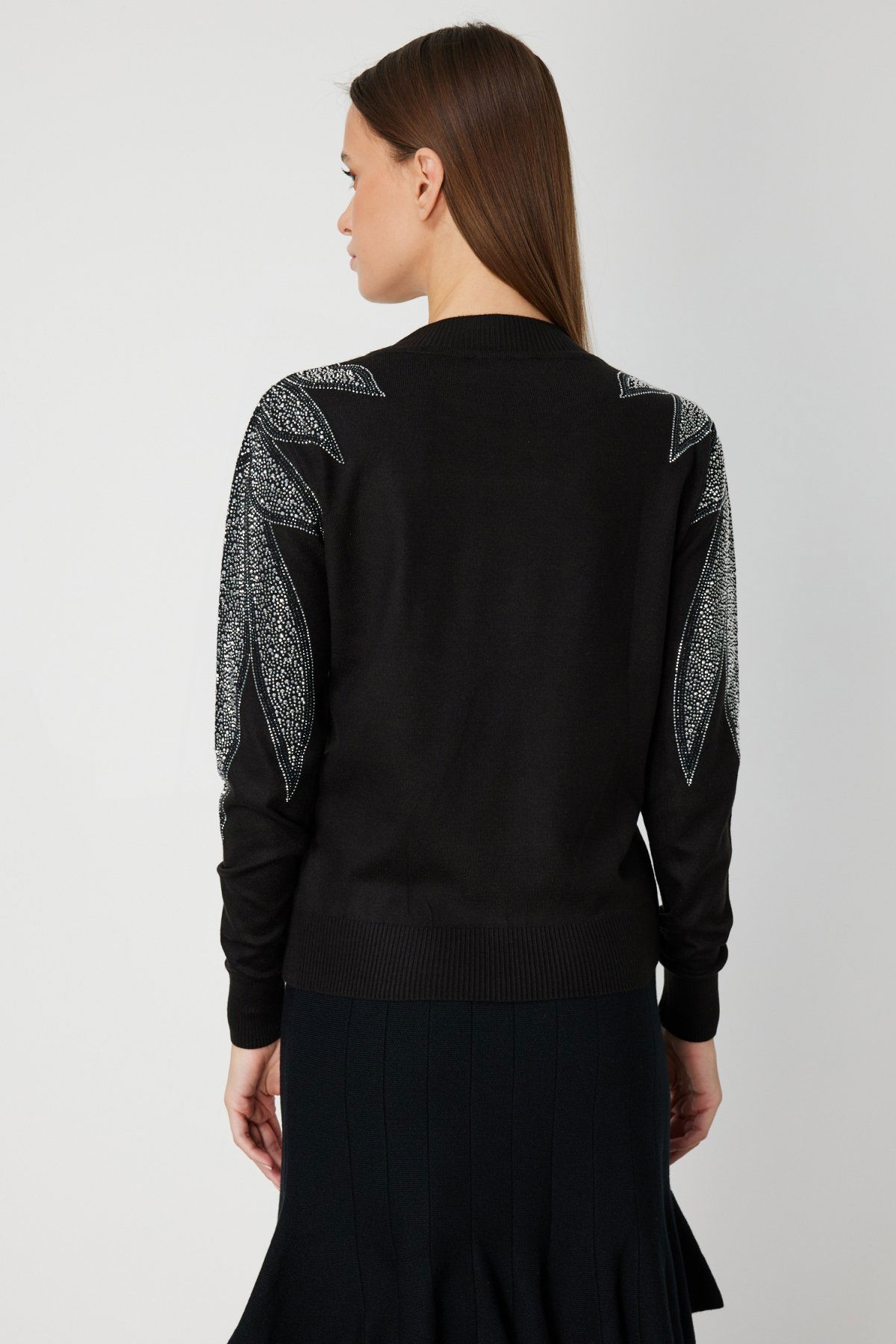 On Kadın Omuzları Taş İşlemeli Triko Kazak 66344 Siyah-Gümüş - 4