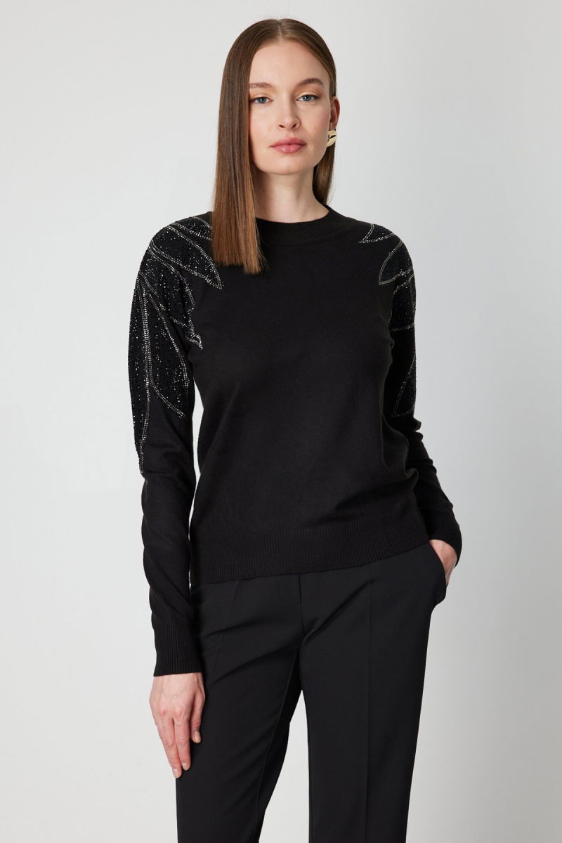 On Kadın Omuzları Taş İşlemeli Triko Kazak 66344 Siyah-Siyah - On