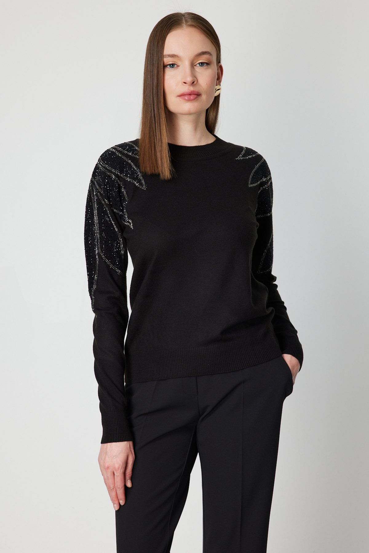 On Kadın Omuzları Taş İşlemeli Triko Kazak 66344 Siyah-Siyah - 1