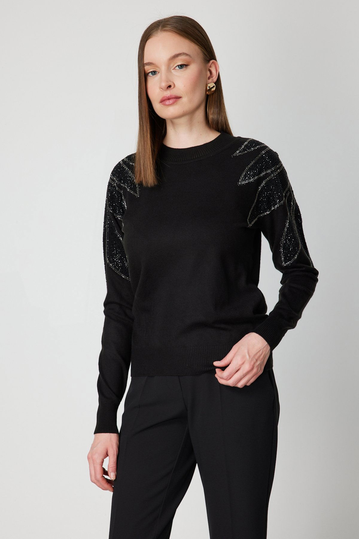 On Kadın Omuzları Taş İşlemeli Triko Kazak 66344 Siyah-Siyah - 2