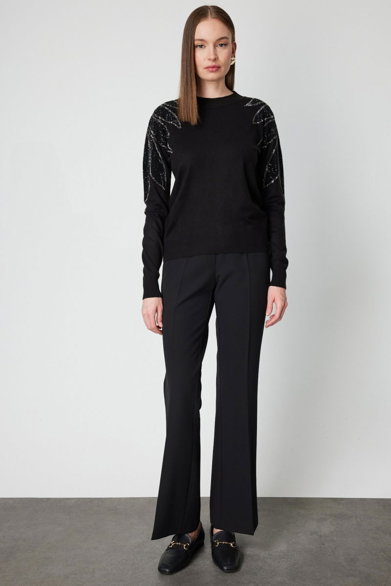 On Kadın Omuzları Taş İşlemeli Triko Kazak 66344 Siyah-Siyah - 3