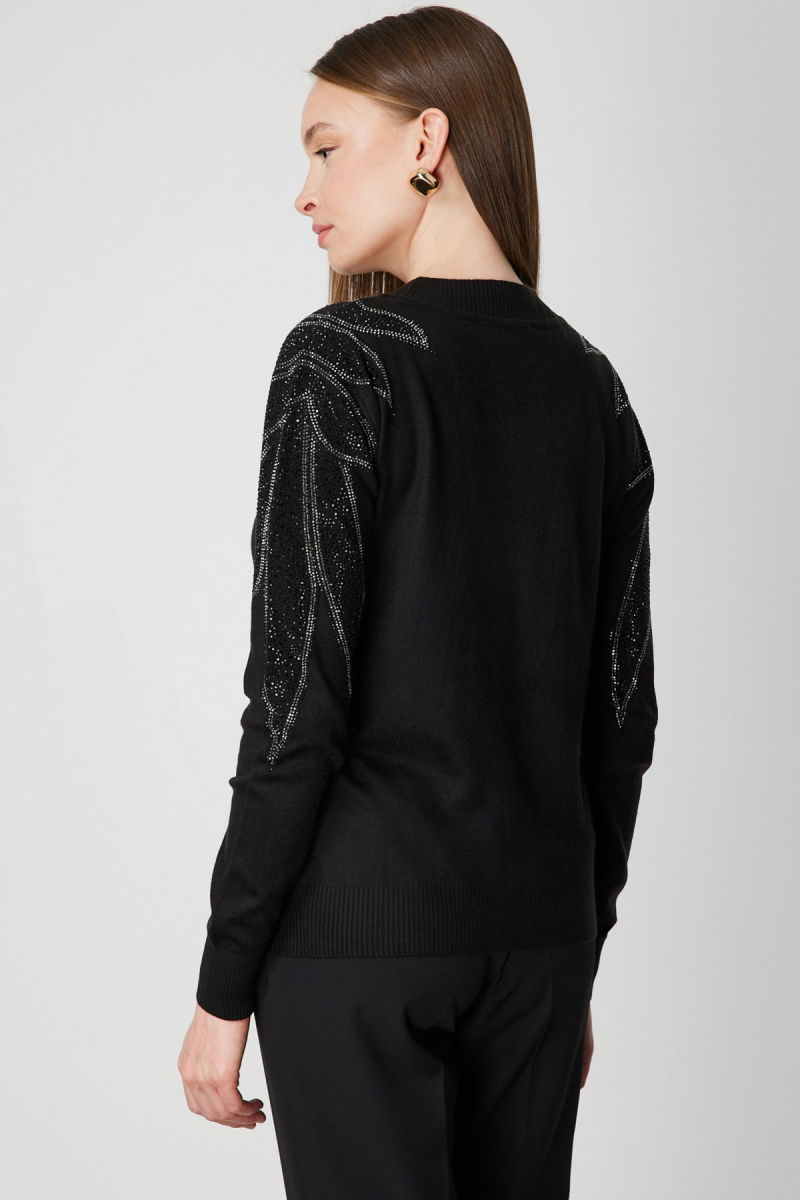 On Kadın Omuzları Taş İşlemeli Triko Kazak 66344 Siyah-Siyah - 4