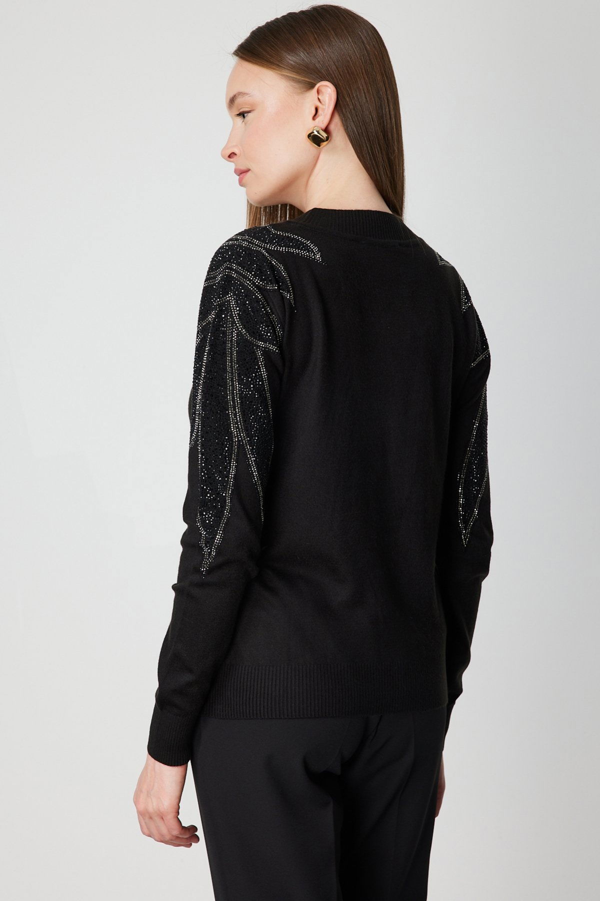 On Kadın Omuzları Taş İşlemeli Triko Kazak 66344 Siyah-Siyah - 4