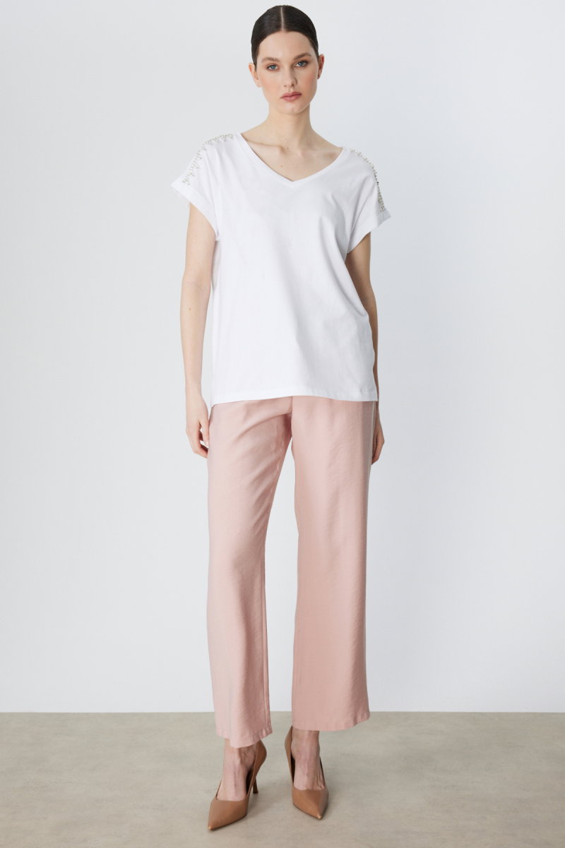 On Kadın Omuzları Taşlı V Yaka Pamuklu T-Shirt 71415 Beyaz - 3