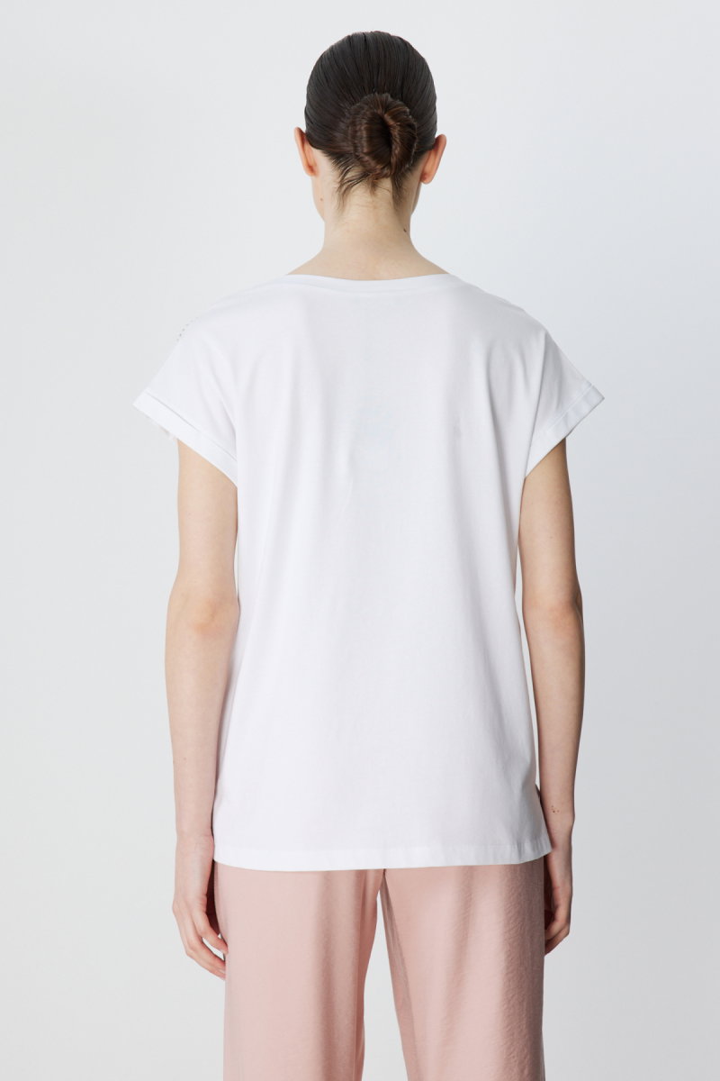 On Kadın Omuzları Taşlı V Yaka Pamuklu T-Shirt 71415 Beyaz - 4