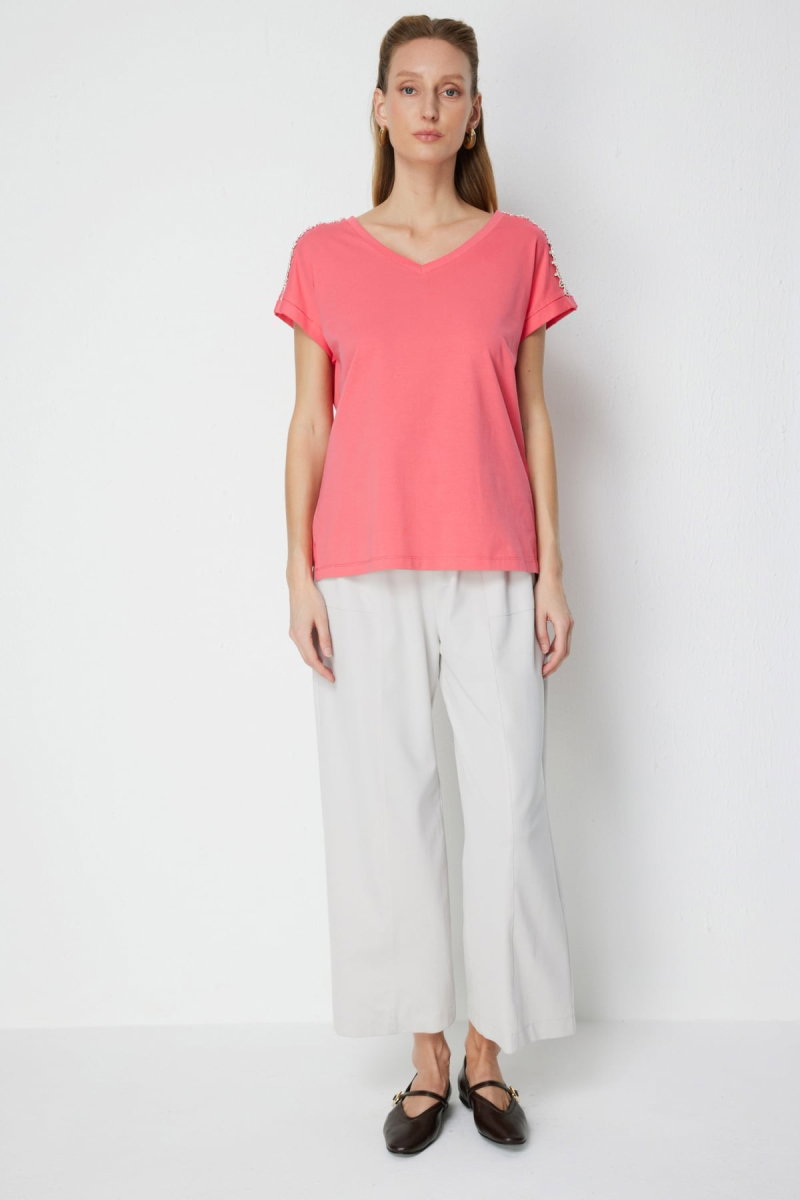 On Kadın Omuzları Taşlı V Yaka Pamuklu T-Shirt 71415 Mercan - 3