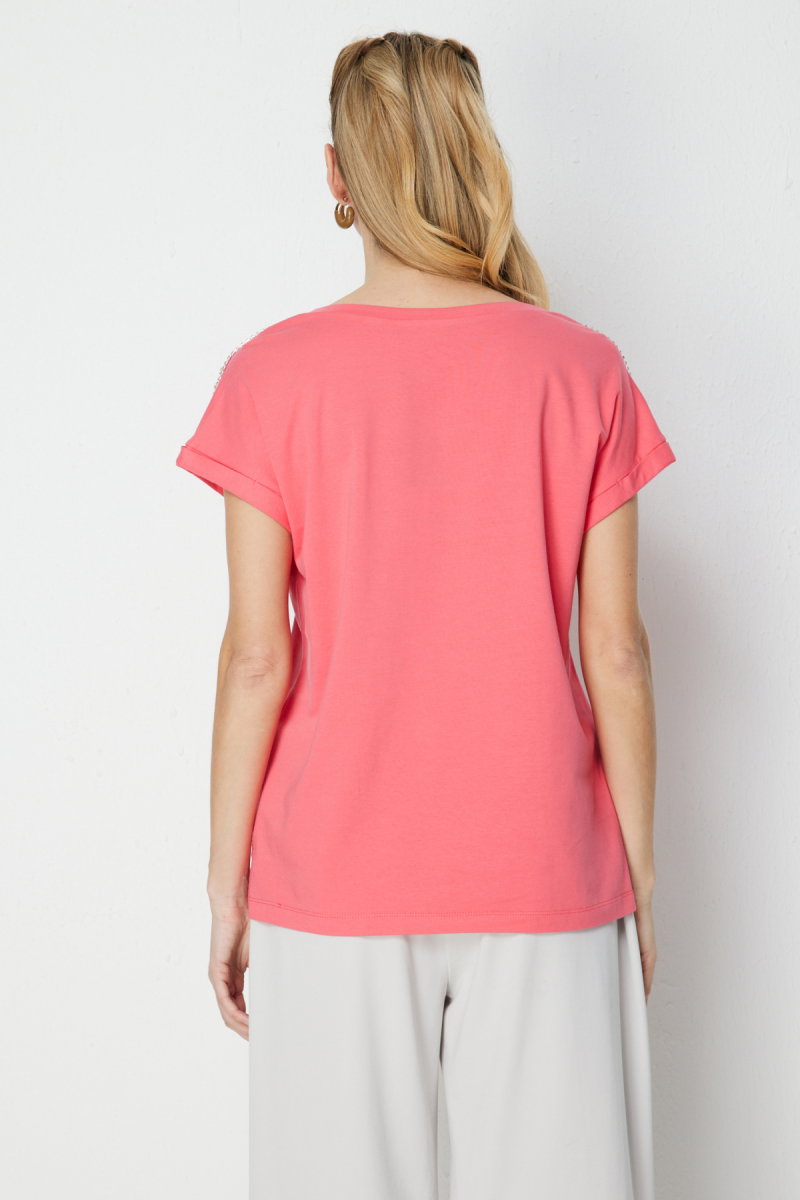 On Kadın Omuzları Taşlı V Yaka Pamuklu T-Shirt 71415 Mercan - 4