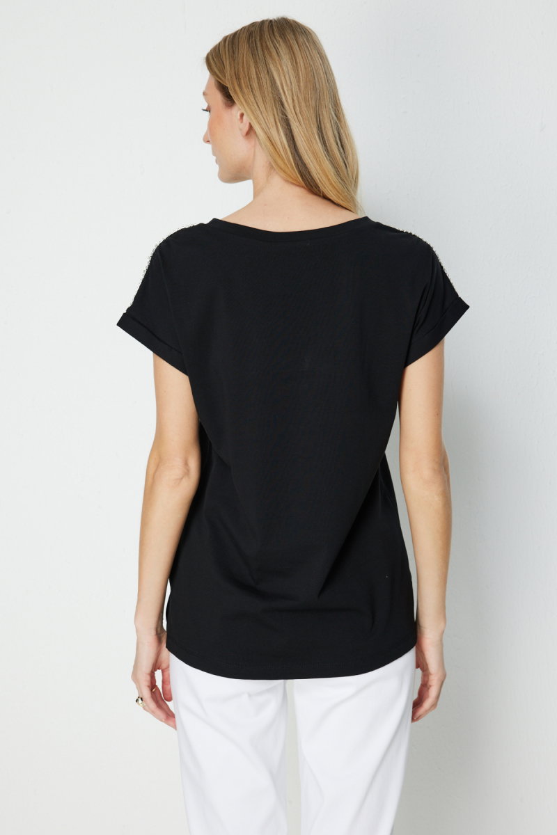 On Kadın Omuzları Taşlı V Yaka Pamuklu T-Shirt 71415 Siyah - 4