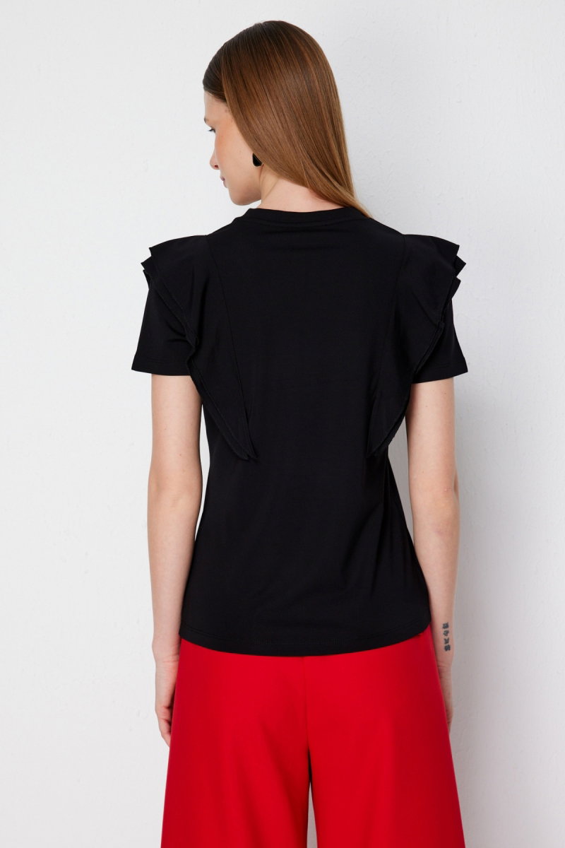 On Kadın Omuzları Volanlı V Yaka Bluz 71330 Siyah - 4