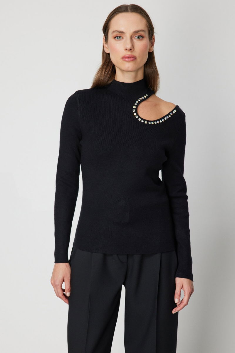 On Kadın Omzu Açık Taş Detaylı Triko Kazak 60309 Siyah - 2