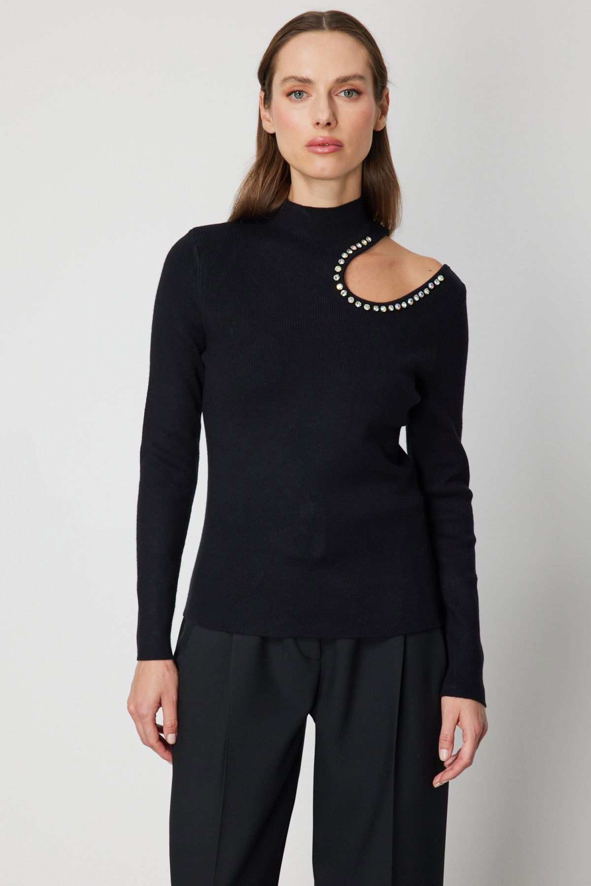 On Kadın Omzu Açık Taş Detaylı Triko Kazak 60309 Siyah - 2