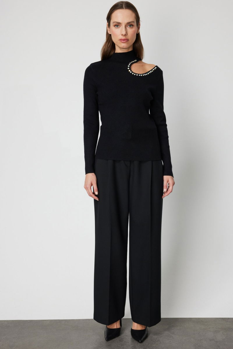 On Kadın Omzu Açık Taş Detaylı Triko Kazak 60309 Siyah - 3