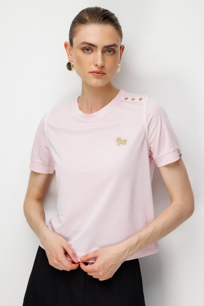On Kadın Omzu Düğmeli İşleme Detaylı Bluz 71536 Pembe 