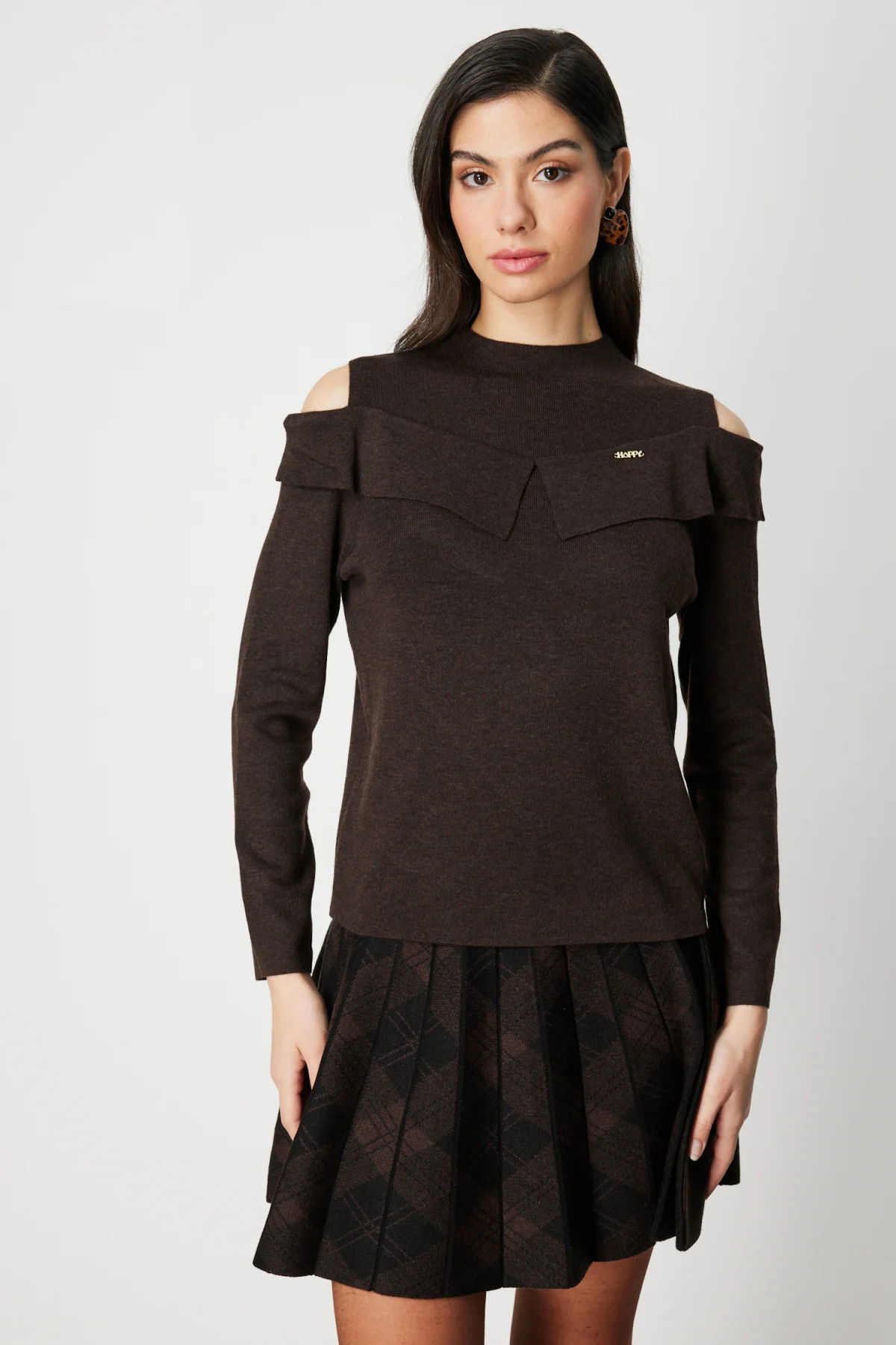 On Kadın Omzu Pencere Detaylı Triko Kazak 60479 Kahverengi - 3