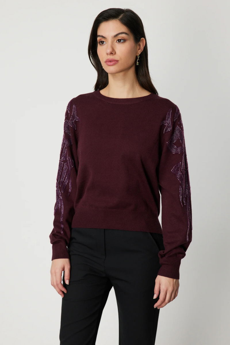 On Kadın Omzu Taş Detaylı Triko Kazak 60354 Bordo - On