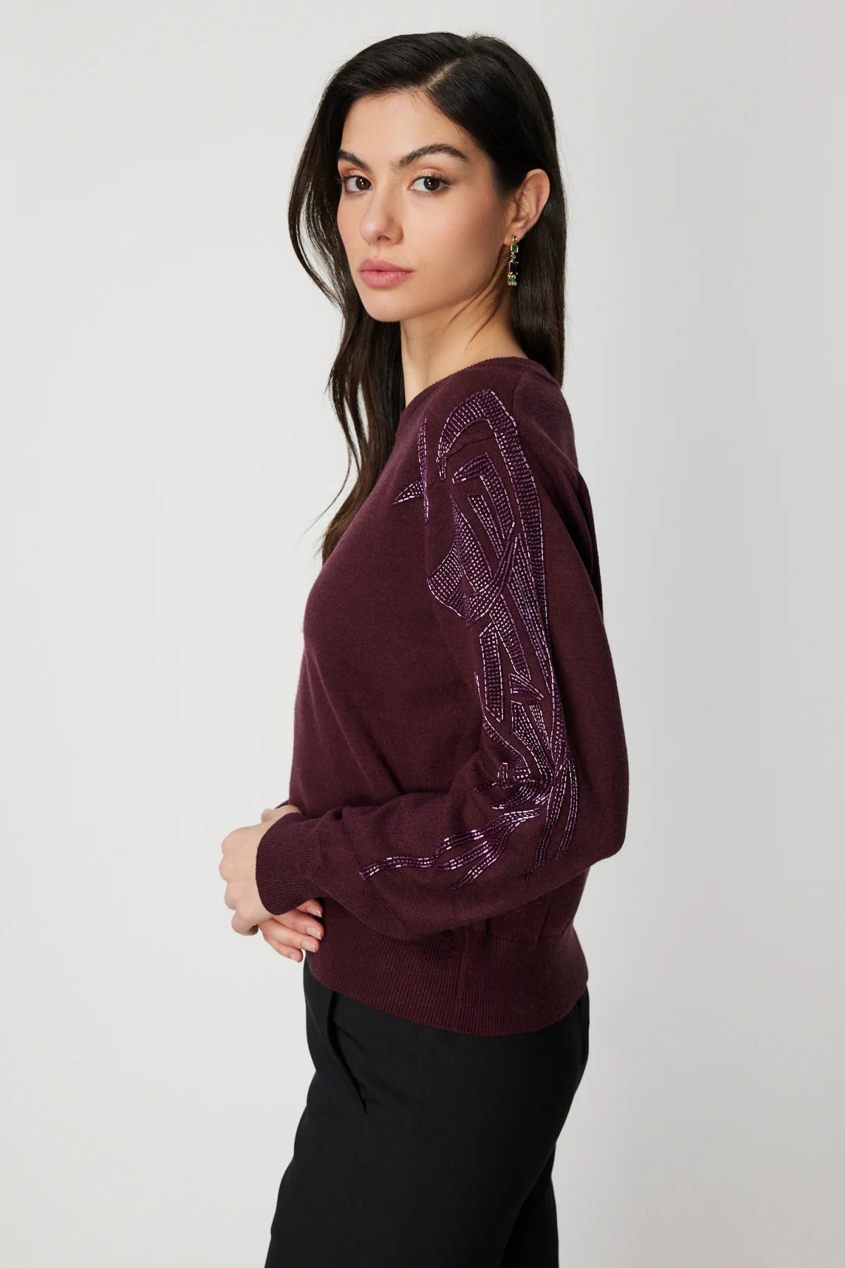 On Kadın Omzu Taş Detaylı Triko Kazak 60354 Bordo - 2